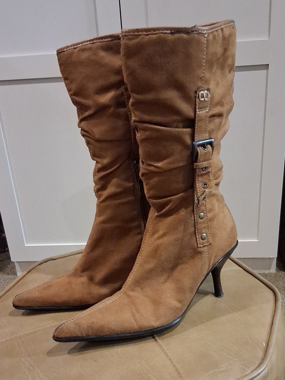 Women's Tan Faux Suede Mid-Calf Heeled Boots
